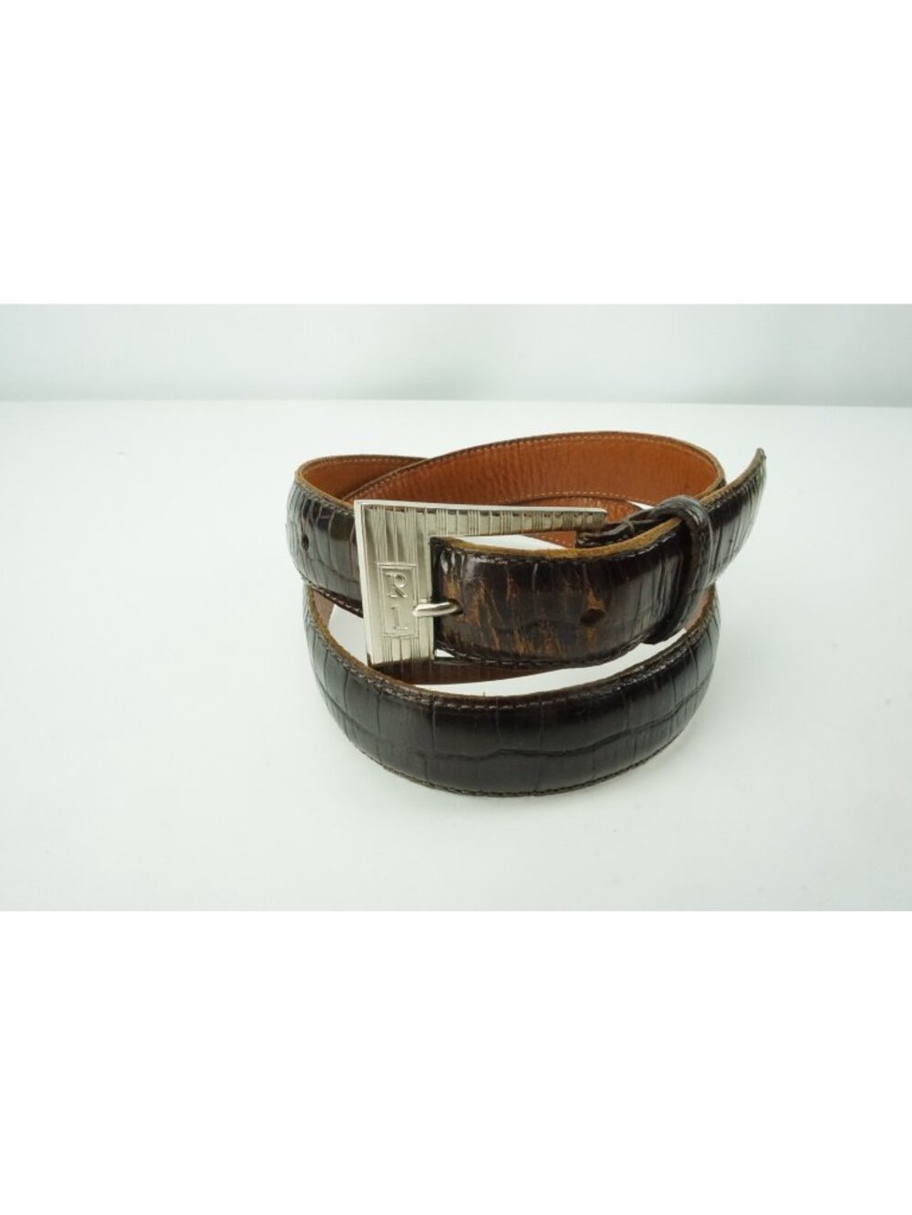 Ralph Lauren Silver RL Buckle Brown Alligator/Crocodile MAde in USA Belt L